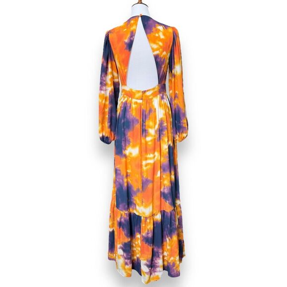 Toccin NY Womens A-Line Maxi Dress Orange Tie Dye Long Sleeve Lined Zip Ruffle 8 - Picture 3 of 15